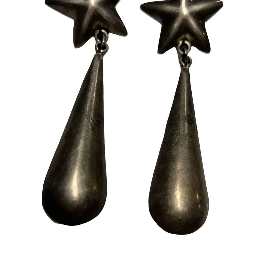 SOLD Rare Taxco Sterling Silver Star Drop Earrings Vintage 1970s - Picture 5 of 11